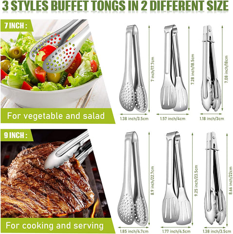 Image of 6 Pieces Buffet Tongs Set Stainless Steel Food Serving Tongs 3 Styles Rust-Resistant Locking Grill Food Tongs for Cooking, Grilling, Salad, Barbecue, Buffet, Kitchen (7 Inch, 9 Inch)