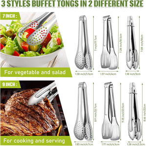 6 Pieces Buffet Tongs Set Stainless Steel Food Serving Tongs 3 Styles Rust-Resistant Locking Grill Food Tongs for Cooking, Grilling, Salad, Barbecue, Buffet, Kitchen (7 Inch, 9 Inch)