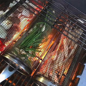 Grill Basket 2PCS Rolling Grilling Baskets for Outdoor Grilling,Bbq Net Tube Stainless Steel, Greatest Grilling Basket Ever round Grill Basket Portable Grill Outdoor Camping Barbecue for Vegetables,Fries,Fish(7.9"X3.5"X3.5")