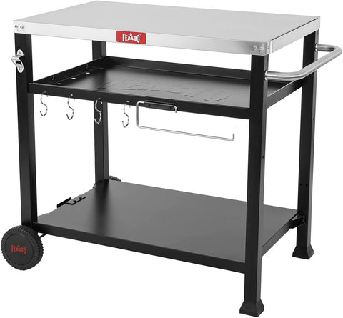 Image of 3-Shelf Movable Food Prep and Pizza Oven Table, BBQ Grilling Table, Home & Outdoor Multifunctional Stainless Steel Table Top Worktable on 2 Wheels, L39.5 X W25.6 X H33