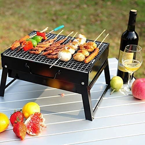 Image of Charcoal Grill BBQ Folding Portable Stainless Steel Barbecue Grill, Barbecue Desk Tabletop Outdoor Stainless Steel Smoker BBQ for Outdoor Cooking Camping Picnics Beach(13.8" X 10.6" X 7.7")