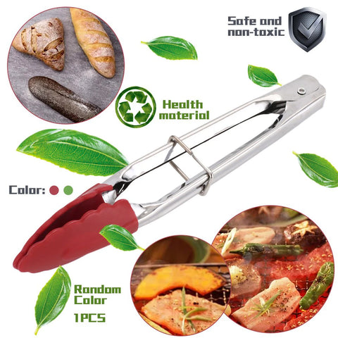 Image of Non-Stick Barbecue Clip Silicone BBQ Grilling Tong Kitchen Cooking Salad Bread Serving Tong Clamp Stainless Steel Tools Gadgets