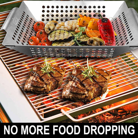 Image of GRILLART Grill Basket Heavy Duty -Large Grill Baskets for Outdoor Grill Vegetables -Stainless Steel Veggie Grilling Basket/Pan - Lasting Grill Vegetable Basket BBQ Grill Accessories, Gifts for Dad Men