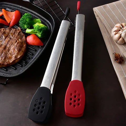 Image of 26Cm Silicone Food Tong Stainless Steel BBQ Grilling Tong Salad Cake Dessert Serving Food Tongs Barbecue Clips Kitchen Tool