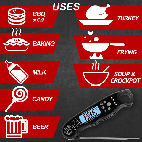 Image of KULUNER TP-01 Waterproof Digital Instant Read Meat LCD Thermometer with 4.6” Folding Probe Backlight & Calibration Function for Cooking Food Candy, BBQ Grill, Liquids,Beef(Black)