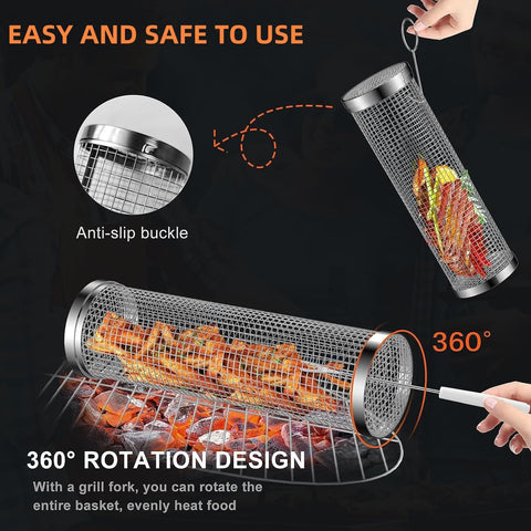 Image of Rolling Grilling Baskets,Grill Baskets for Outdoor Grill,  Stainless Steel Rolling Grill Basket, BBQ Grill Accessories Vegetable Grill Basket for Fish, Shrimp, Meat, Vegetables(2Pcs-12In)