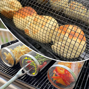 2 PCS Rolling Grilling Baskets for Outdoor Grilling, Stainless Steel BBQ Grill Basket, Portable Rolling Grill Basket, round Barbeque Cooking Grill Net for Vegetables, Fish, Meat