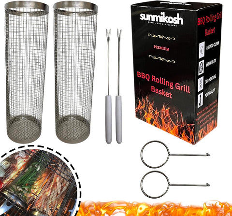 Image of Sunmikosh Rolling Grilling Basket - Barbecue Portable Roll Grill Basket for Outdoor Camping - Stainless Steel BBQ Net Tube Grill Basket, Suitable for Fish, Kabob, Meat, Vegetables, French Fries