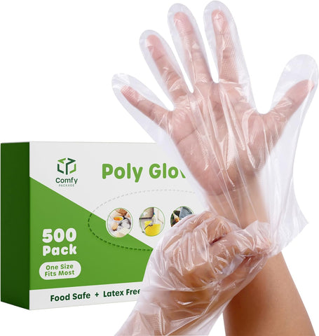 Image of 500 Count Disposable Sterile Poly Plastic Gloves for Cooking, Food Prep and Food Service | Latex & Powder Free - One Size Fits Most