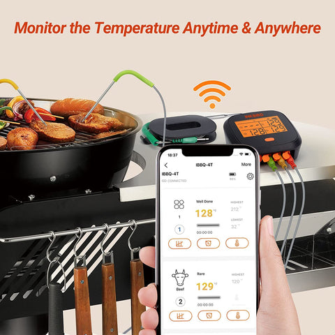 Image of Wifi Grill Thermometer, Wireless BBQ Thermometer for Grilling Roasting Cooking Smart Digital Remote Meat Thermometer with Graph Alarm Timer 4 Probes Rechargeable