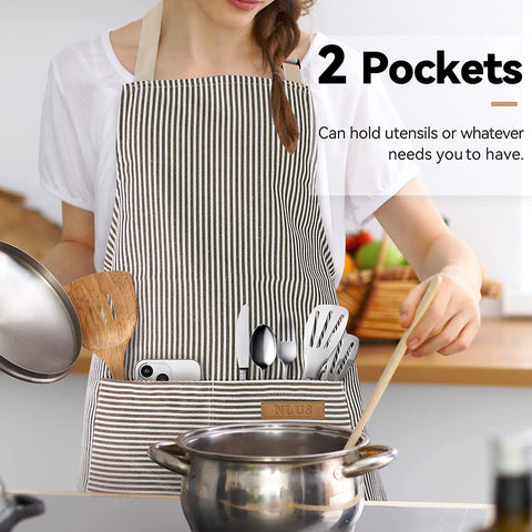Image of 2 Pack Kitchen Cooking Aprons, Adjustable Bib Soft Chef Apron with 2 Pockets for Men Women(Black/Brown Stripes)