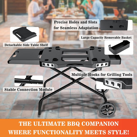Image of Portable Grill Cart for Ninja Woodfire Grill OG700 Series, Folding Outdoor Grill Stand for Ninja OG701, Pit Boss 10697/10724, 22" Blackstone,Traeger Ranger Griddle with Table Shelf and Basket