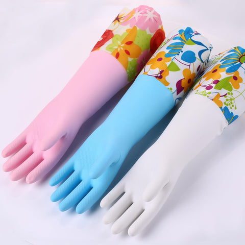 Image of 3 Pairs Rubber Cleaning Gloves, Household Kitchen Dishwashing Gloves with Cotton Flocked Liner, Long Cuff 16", Reusable, Non-Slip (Medium, Blue+Pink+White)
