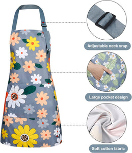 3 Pack Floral Aprons with Pocket, Blooming Womens Aprons Waterproof Adjustable Cooking Aprons for Kitchen Gardening and Salon