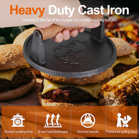 Image of Finderomend Hamburger Press,Cast Iron Grill Press,Heavy Duty Smash Meat,Bacon,Steak & Burger Press with Wooden Handle for Blackstone Pitboss Weber Treager Griddle (Calf-Round 1)