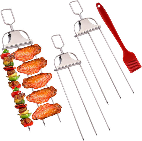 Image of PEOUWNES Skewers for Kabobs, 3PCS 14 Inch 3-Prong Metal Skewers for Grilling, Stainless Steel Skewer, with Push Bar Reusable Metal Skewer, Kabob Sticks, Perfect for Chicken, Meat, Veggies, Sausages