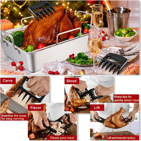 Image of Teamfar Roasting Pan, 14 in Stainless Steel Turkey Roaster Pan with Cooling Rack & V Rack, Beer Can Chicken Holder/Meat Claws/Brush, Healthy & Dishwasher Safe, Set of 7