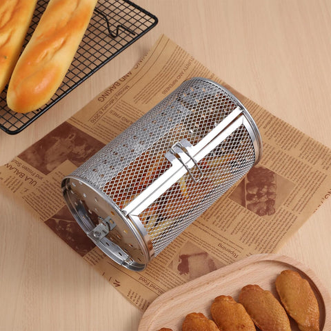 Image of Angoily Oven Crisper Basket Rotating Grilled Cage Drum Oven Basket Kitchen Rolling Grill Basket Oven Roast Basket Roast Baking Cage for Barbecue Camping Outdoor Supplies Rotisserie Grill Basket
