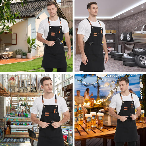 Image of Canvas Aprons, Work Aprons with 3 Pockets, Adjustable Strap Chef Aprons for Servers Kitchen Cooking Baking Artist