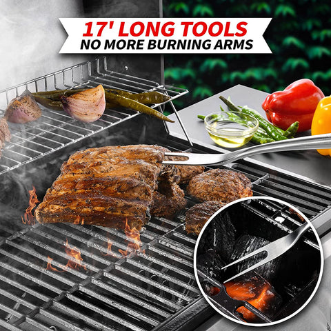 Image of GRILAZ Heavy-Duty Rose Wooden BBQ Grilling Tools Set. Extra Thick Stainless Steel Multi-Function Spatula, Fork & Tongs | Essential Accessories for Barbecue & Grill. Ideal Gift for Father
