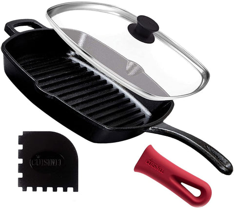 Image of Cast Iron Square Grill Pan + Glass Lid - 10.5" Pre-Seasoned Ridged Skillet + Handle Cover + Pan Scraper - Grill, Stovetop, Fire Safe - Indoor and Outdoor Use - for Grilling, Frying, Sauteing