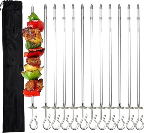 Image of Amestar 12 Pack Kabob Skewers BBQ Barbecue Skewers Stainless Steel Sticks 13.7 Inch Heavy Duty Large Wide Reusable with Slider Ideal for Shish Kebab Chicken Shrimp and Vegetables