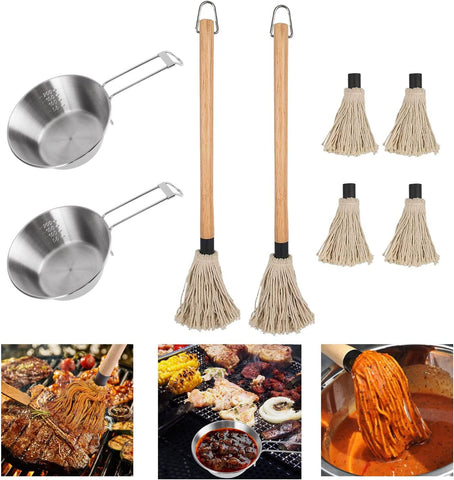 Image of YWNYT 8 Pcs BBQ Mop and Sauce Pot, Grill Basting Mop for Grilling, 2 Pcs Stainless Steel Barbecue Pot + 2 Pcs Sauce Mops Wooden Long Handle and 4Pcs Replacement Barbecue Accessories for Grilling BBQ