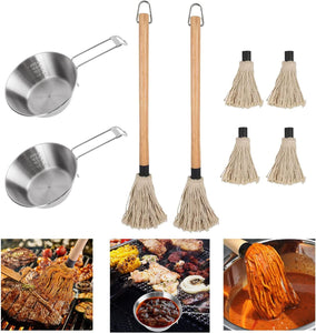 YWNYT 8 Pcs BBQ Mop and Sauce Pot, Grill Basting Mop for Grilling, 2 Pcs Stainless Steel Barbecue Pot + 2 Pcs Sauce Mops Wooden Long Handle and 4Pcs Replacement Barbecue Accessories for Grilling BBQ