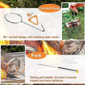 Rolling Grilling Baskets for Outdoor Grilling-Round BBQ Grill Basket,2Pcs Stainless Steel Barbecue Cooking Grill Nets,Portable Outdoor Camping Accessories for Vegetables,French Fries,Meat,Fish