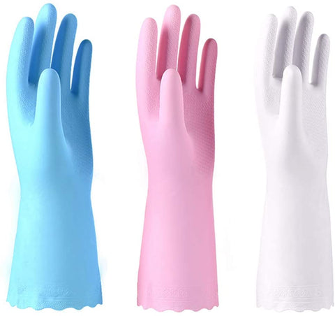 Image of 3 Pack Reusable Cleaning Gloves Latex Free - Dishwashing Gloves with Cotton Flock Liner and Embossed Palm - Waterproof Household Gloves for Laundry, Gardening (Small)