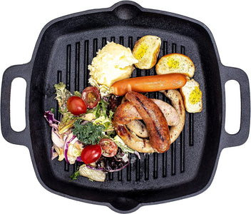10" Square Cast Iron Grill Pan Steak Pan Pre Seasoned Grill Pan with Easy Grease Drain Spout, with Large Loop Handles for Grilling Bacon, Steak, and Meats