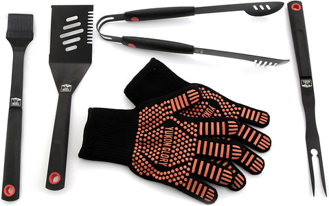 ™ Heavy Duty 5 Piece Grilling Tools Set, Durable Stainless Steel BBQ Accessories, Long Handle 3 in 1 Spatula, Tongs, Brush, Grill Fork, Thick Grilling Gloves, Gift Set