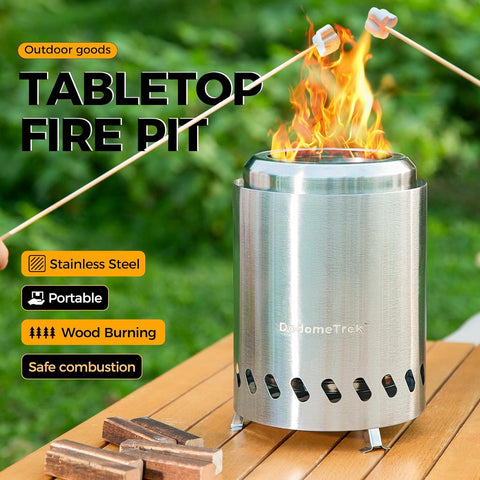 Image of Dodometrek Tabletop Fire Pit with Stand for Camping Outdoor Portable Mini Smokeless Fire Pit for Camping Stainless Steel Camping Fire Pit Portable with Fireproof Hook and Travel Bag, Silver Metallic