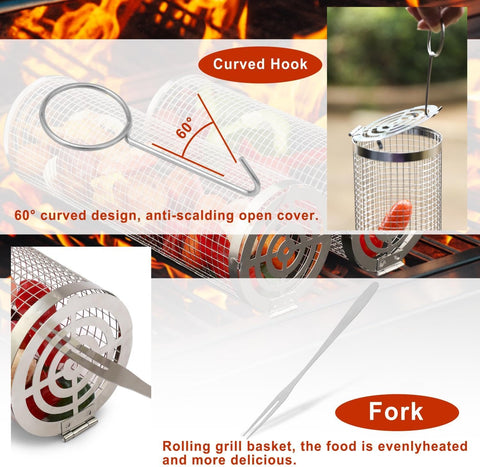 Image of Feniola Rolling Grilling Basket - 2 PCS round Stainless Steel Grill Net for Outdoor Grill for Vegetables, Meat - BBQ Accessories Included