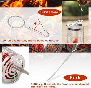 Feniola Rolling Grilling Basket - 2 PCS round Stainless Steel Grill Net for Outdoor Grill for Vegetables, Meat - BBQ Accessories Included