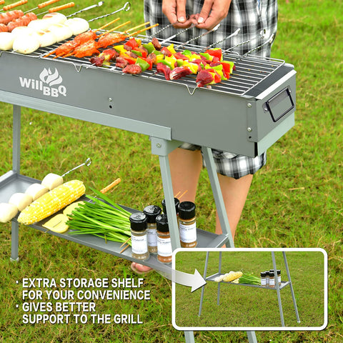 Image of WILLBBQ Commercial Quality Portable Charcoal Grills Multiple Size Hibachi BBQ Lamb Skewer Folded Camping Barbecue Grill for Garden Backyard Party Picnic Travel Outdoor Cooking Use(31.6X7.1X5.1 Inch)
