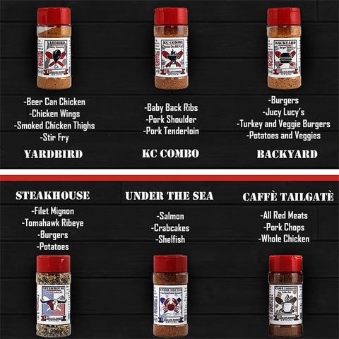 Image of THE TAILGATE FOODIE Rare Pitmaster Gourmet Seasonings | 8 Pc Grill Essentials Gift Set | 6 Secret Competition BBQ Spice Blends for Ribs, Pork, Brisket, Chicken, Fish, Steak **Great Christmas Gift**
