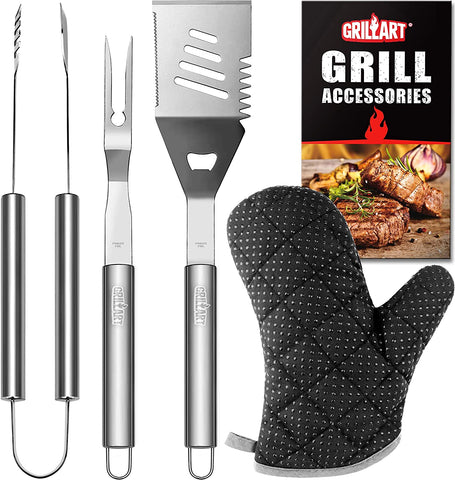 Image of Grill Tools Grill Utensils Set - 3PCS BBQ Tools, Stainless Barbeque Grill Accessories - Spatula/Tongs/Fork, with Insulated Glove, Ideal BBQ Set Grilling Tools for Outdoor Grill, Gifts for Men