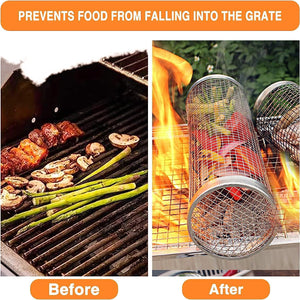 BBQ Rolling Grilling Basket for Outdoor Grill-1Pcs Stainless Steel, round Grill Mesh Outdoor Camping for Vegetables, French Fries, Fish, Shrimp, Meat.