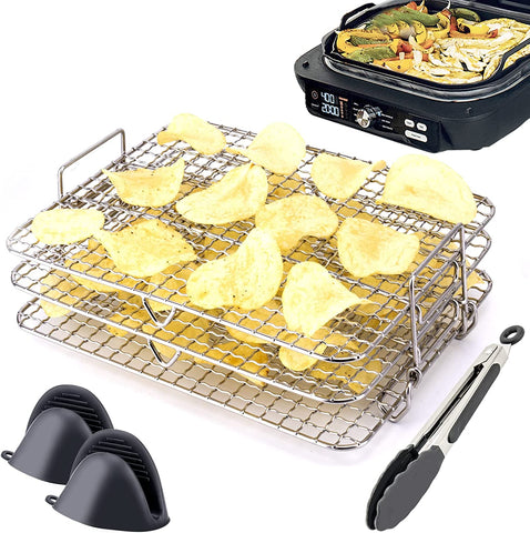 Image of Air Fryer Rack for Ninja Foodi Grill XL FG551/IG601/IG651, Multi-Layer Dehydrator Rack Air Fryer Accessories (Included Heat and Slip Resistant Silicone Mini Potholders Mitts and Kitchen Tongs)