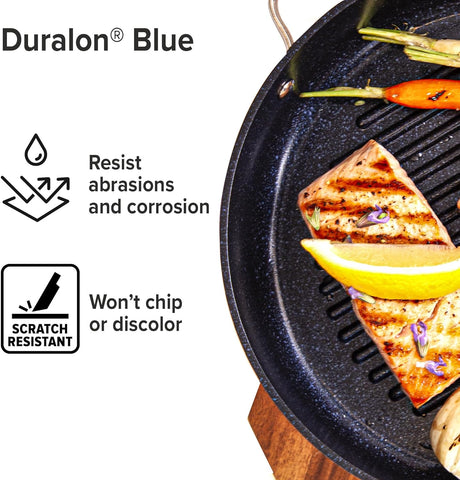 Image of 3-Quart Grill Pan with Tempered Glass Lid, Forged Lightweight, G10 Healthy Duralon Blue Ceramic Ultra Non-Stick Coating, Oven and Dishwasher-Safe, Induction-Ready, Evenly Heats & Durable, Gray