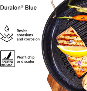 3-Quart Grill Pan with Tempered Glass Lid, Forged Lightweight, G10 Healthy Duralon Blue Ceramic Ultra Non-Stick Coating, Oven and Dishwasher-Safe, Induction-Ready, Evenly Heats & Durable, Gray