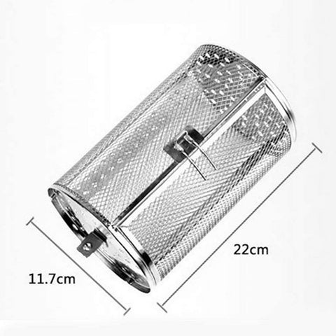 Image of GEZICHTA BBQ Grill Roaster,Stainless Steel Grilled Cage,Bbq Rolling Grill Basket for Vegetables,Rotisserie Grill Peanut Beans French Fries Basket,Silver Grilling Accessories(22 * 11.7 Cm)