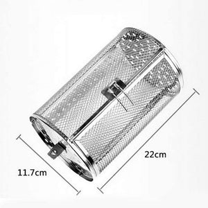 GEZICHTA BBQ Grill Roaster,Stainless Steel Grilled Cage,Bbq Rolling Grill Basket for Vegetables,Rotisserie Grill Peanut Beans French Fries Basket,Silver Grilling Accessories(22 * 11.7 Cm)