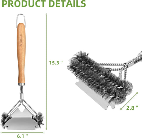 Image of Grill Brush for Outdoor Grill, 15.3'' BBQ Grill Scraper Cleaning Brush for Outdoor Grill, Safe Stainless Steel Grill Cleaner Scrubber with Scraper, Beech Wood Handle, 1Pack