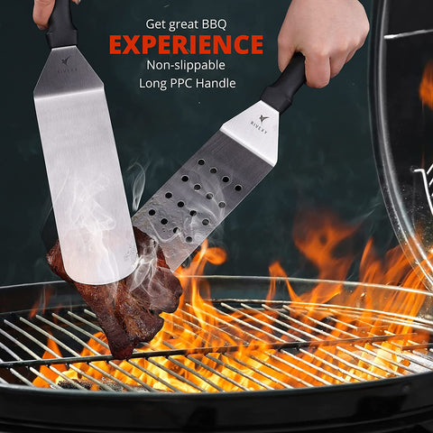 Image of Rivexy 5 Pcs Grill Spatula for Outdoor Grill Premium Quality Metal Spatula for Cast Iron Skillet Durable Flat Top Grill Accessories Great for Outdoor BBQ Teppanyaki and Camping