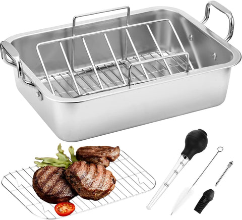 Image of Roasting Pan with Baking Rack,15 Inch Stainless Steel Turkey Roaster Pan with V-Shaped Rack and Turkey Baster. Rectangular Roaster Pot Great for Turkey, Chicken, Vegetable,Fit for 20Lb Turkey