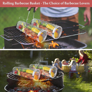 Rdipsie Grill Basket, Rolling Grilling Basket, Grill Baskets for Outdoor Ggrill, Outdoor round BBQ Stainless Steel Grill Basket Campfire Grill Grid for Outdoor Grill for Fish, Meat, Vegetables, Fries
