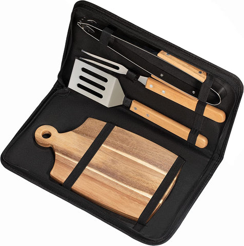 Image of BBQ Tool Grill Accessories Set -  4PCS Stainless Steel Grilling Tools Kit with Acacia Wood Chopping Board,Spatula, Fork, BBQ Tongs Deluxe Barbecue Gift with Carrying Case