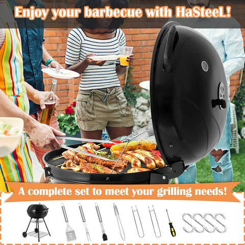 Image of 22-Inch Charcoal Kettle Grill Set of 12, Hasteel 2 Layer Grilling Racks Outdoor BBQ Grill, Heavy Duty Large Enameled Grills with Grilling Accessories for Camping Backyard Picnic, Barbecue Spatula
